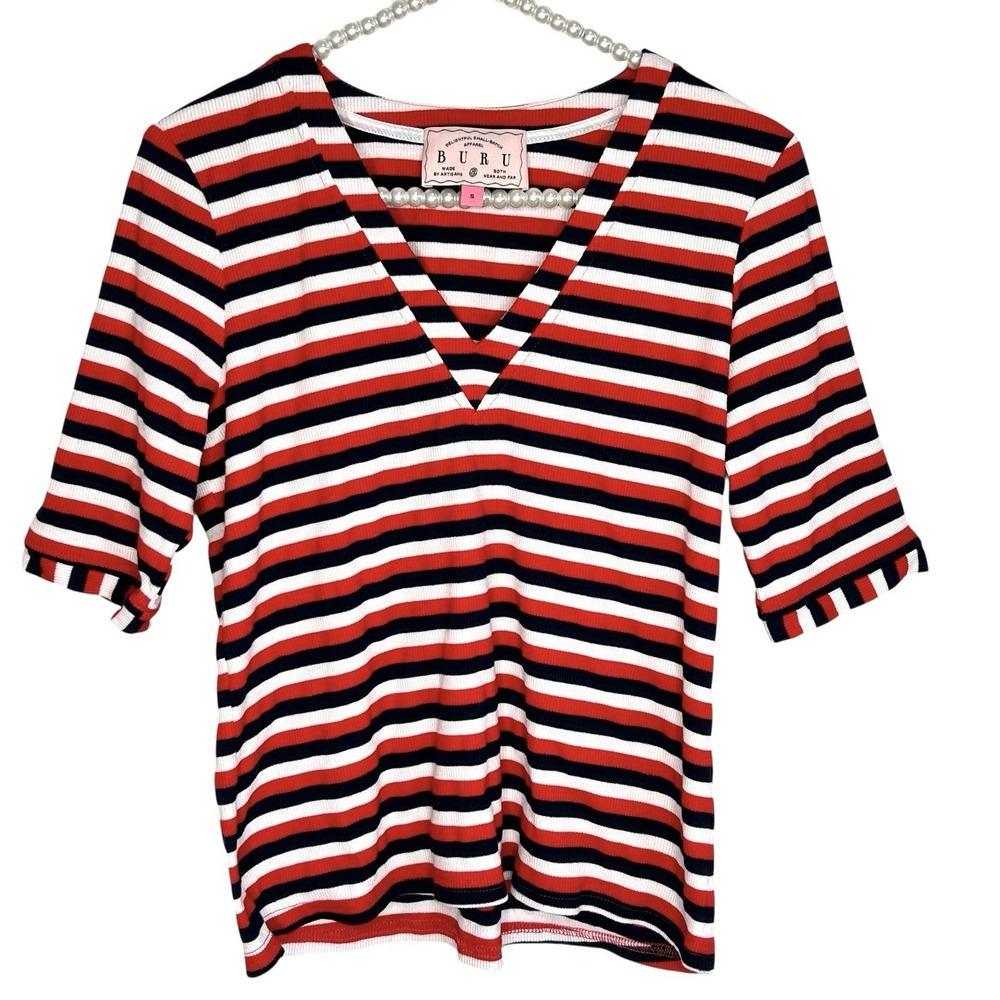 Buru Striped Ribbed T Shirt Nautical Americana‎ Preppy Small V Neck Coastal USA